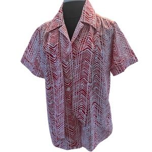 Vintage Judy Bond Red White Geometric Pront Poly Silk Short Sleeve Blouse 18 XL